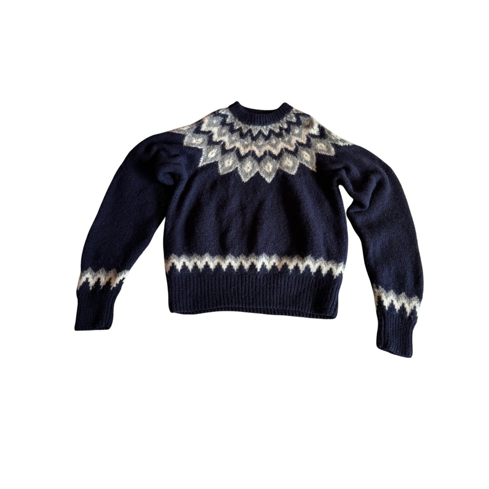 LL Bean Vintage Y2K 100% Wool Fair Isle Sweater Navy Blue Grey Women Medium